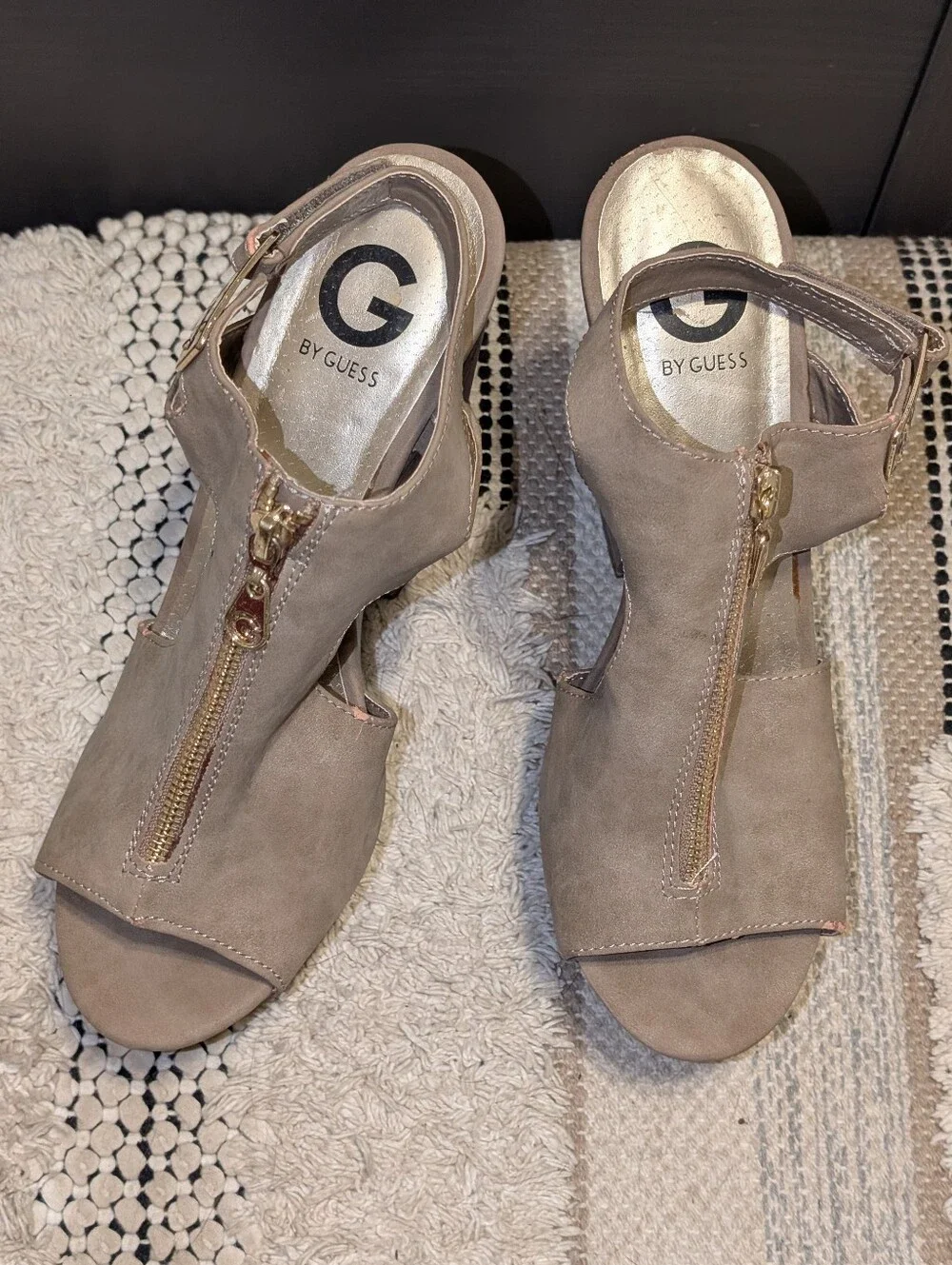 Guess Taupe Suede Platform Peep-Toe Slingback Heels